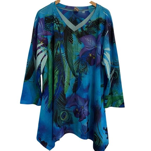 Jess And Jane Blue Floral Peacock Asymmetrical Top Women’s Plus Size 1X - Picture 1 of 9